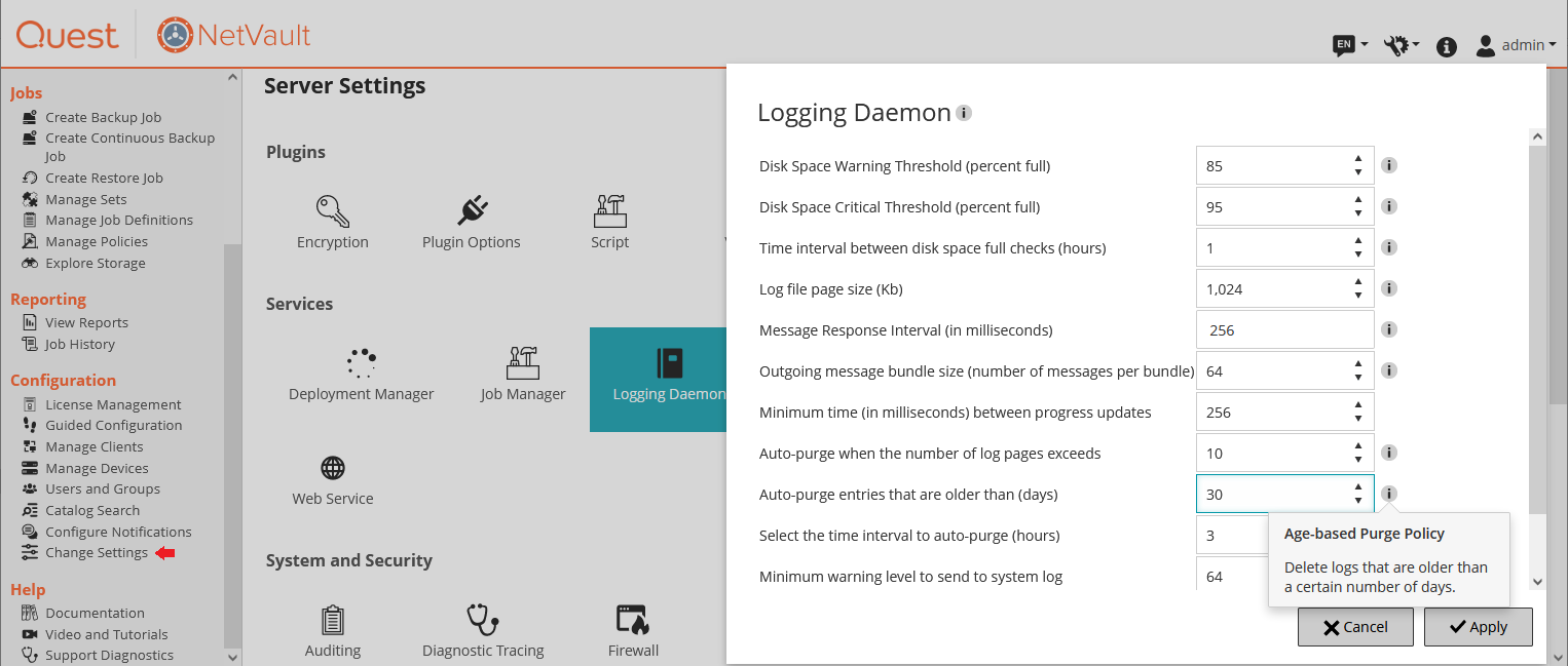 Auto-purge log settings